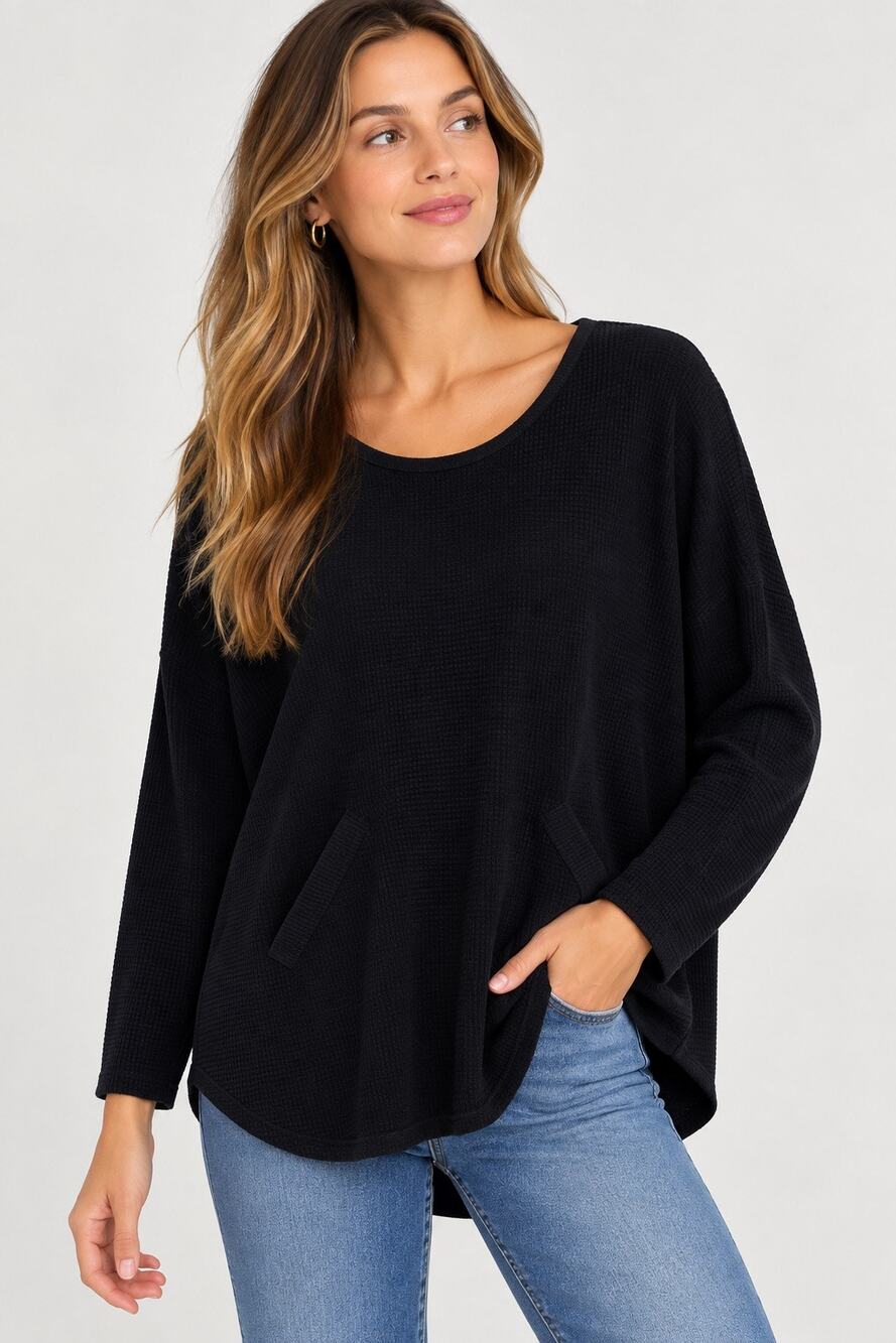 Planet by Lauren G Black Cotton Knit Tunic Sweater One Size Oversized Pockets